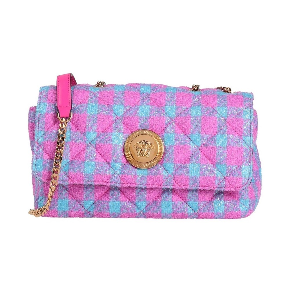 Versace NWT tweed Vibrant Pink and Blue Quilted Shoulder Bag